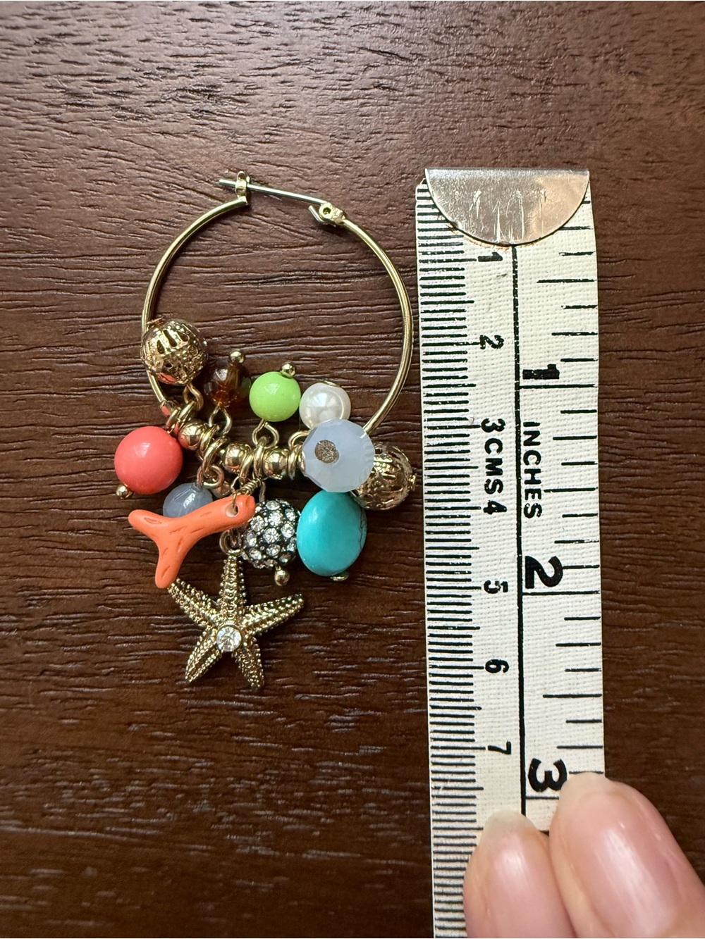 Gold Hoop Earrings with Starfish and Coral Charms - Picture 4 of 5